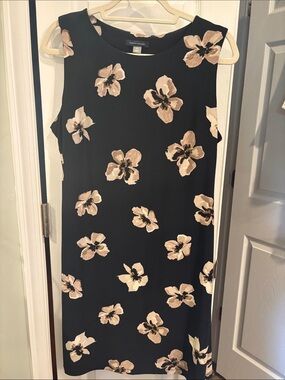 Tommy Hilfiger Sleeveless Navy Floral Shift Dress - Beige Flower Print